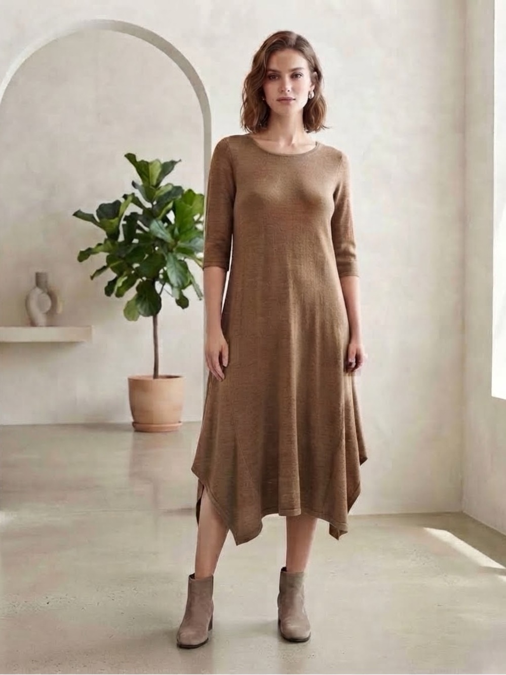 Eileen Fisher Merino Wool Quarter Sleeve Brown Dress Size Medium